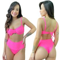 Biquíni Hot Pants Faixa Meia Taça Retrô Com Bojo Canelado Mônaco Rosa / Pink