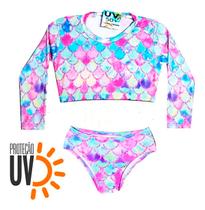 Biquini Infantil + Blusa Cropped Proteção Solar Uv50 Sereia