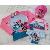 Biquini infantil + Camisa UV + Boné - Conjunto UV para meninas Minnie Rosa - Praia