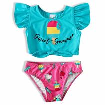Biquíni Infantil Cropped com Amarra Sorvetes Pink e Turquesa Tip Top