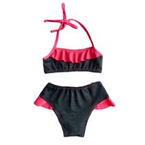 Biquini Infantil e Juvenil Cinza com Babado Rosa Neon Biquini Infantil e Juvenil Cinza com Babado Rosa Neon