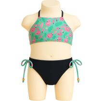 Biquíni Infantil Flamingo Verde com Preto Halter e Laços Biquíni Infantil Flamingo Verde com Preto Halter e Laços
