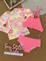 Biquíni Infantil Kukiê Verão Rosa com Blusa Manga Longa Floral Biquíni Infantil Kukiê Verão Rosa com Blusa Manga Longa Floral