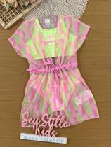 Biquíni Infantil Kukiê Verão Verde Neon com Saída de Praia Corações