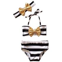 Biquini Infantil Menina Com Laço Dourado Biquini Infantil Menina Com Laço Dourado