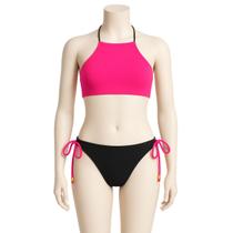 Biquíni Infantil Rosa e Preto Laço Lateral Top Halter 2-16 Biquíni Infantil Rosa e Preto Laço Lateral Top Halter 2-16