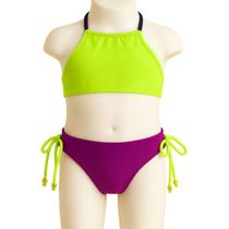 Biquíni Infantil Verde Limão Roxo Halter com Laços Laterais