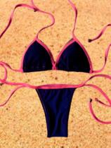 Biquíni Juvenil Cortininha Azul Marinho com Rosa Neon