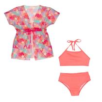 Biquíni Liso Forrado Menina + Saída De Praia Tule Infantil Biquíni Liso Forrado Menina + Saída De Praia Tule Infantil