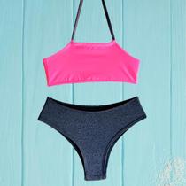 Biquíni Moda Praia Infantil Cinza com Rosa Neon Biquíni Moda Praia Infantil Cinza com Rosa Neon