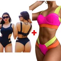 Biquini Neon Tiras Grossa+ Maiô Com Bojo Neon Lançamen Verão