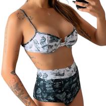 Biquíni Preto e Branco Estampado Hot Pants Beach- Enfim Biquíni Preto e Branco Estampado Hot Pants Beach- Enfim