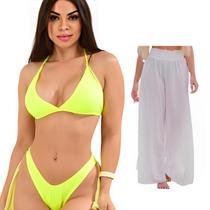 Biquini + Saída De Praia Calça Tule Moda Praia Kit Conjunto