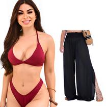 Biquini + Saída De Praia Calça Tule Moda Praia Kit Conjunto