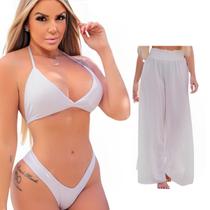 Biquini + Saída De Praia Calça Tule Moda Praia Kit Conjunto