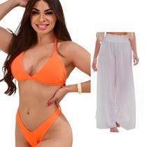 Biquini + Saída De Praia Calça Tule Moda Praia Kit Conjunto