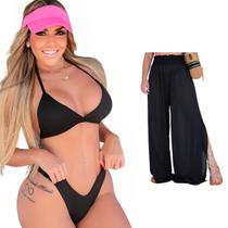 Biquini + Saída De Praia Calça Tule Moda Praia Kit Conjunto