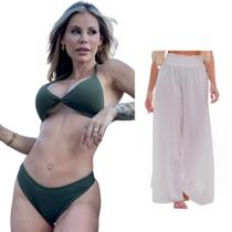 Biquini + Saída De Praia Calça Tule Moda Praia Kit Conjunto