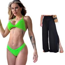 Biquini + Saída De Praia Calça Tule Moda Praia Kit Conjunto