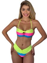 Biquíni Top Faixa Tricolor Com Bojo Calcinha Cós Duplo Neon