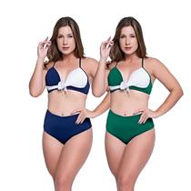 Biquínis Feminino Kit 2 Peças Bicolor Chapa Barriga Cós Alto