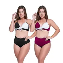 Biquínis Feminino Kit 2 Peças Bicolor Chapa Barriga Cós Alto