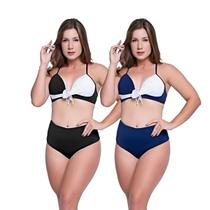 Biquínis Feminino Kit 2 Peças Bicolor Chapa Barriga Cós Alto