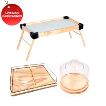 BLACK OFERTA KIT 3pçs Mesinha, Queijeira e Porta Frios Médio 21x16,5cm de Madeira Natural, Cozinha, Café, Queijos, Petiscos