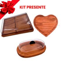 BLACK OFERTA KIT 3pçs Porta Frios Médio 21X16,5cm, Manteigueira e Tabua Coração Madeira Rustica, Cozinha, Café, Bolos, Petiscos