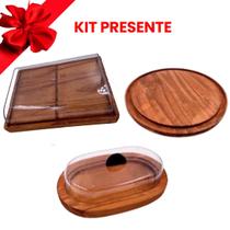 BLACK OFERTA KIT 3pçs, Porta Frios Médio 21X16,5cm, Manteigueira e Tabua Red. 25cm Madeira Rustica, Cozinha, Café, Bolo, Queijos