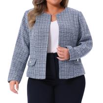 Blazer Agnes Orinda Plus Size em Tweed Azul sem Gola