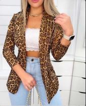 Blazer Blaser Maxi Longo Bengaline Animal Print Onça Moda Outono Feminina Acinturado Modela Cintura