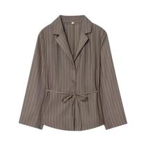 Blazer Chic Listrado Marrom Para Escritório Com Calças De Cintura Alta E Pernas Largas, Conjuntos Blazer Chic Listrado Marrom Para Escritório Com Calças De Cintura Alta E Pernas Largas, Conjuntos
