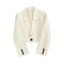 Blazer Cropped Preto Para Mulheres, Estilo Moderno Com Gola Reversível, Casaco De Botão Único Que