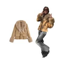 Blazer Elegante Feminino Slim Fit Em Camurça Com Gola De Pele Sintética E Botões Moda De Rua Outono