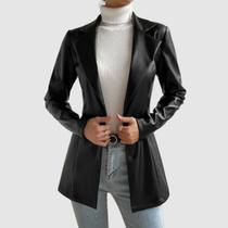Blazer Feminino Inverno Couro Brilhante Com Botão Frontal