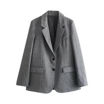 Blazer Feminino Listrado De Botão Único Com Bolsos E Mangas Longas - Look Elegante Para Mulheres Blazer Feminino Listrado De Botão Único Com Bolsos E Mangas Longas - Look Elegante Para Mulheres