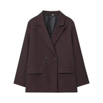 Blazer Feminino Marrom Oversized Com Decote Em V E Botões Duplos, Ajuste Solto, Casual Para