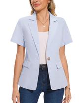 Blazer feminino MINTLIMIT, linho, lapela, azul claro Blazer feminino MINTLIMIT, linho, lapela, azul claro