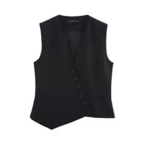 Blazer Feminino Sem Mangas Com Decote Assimétrico Em V E Bolsos Moda Casual De Outono