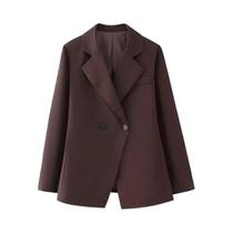 Blazer Feminino Slim De Abotoamento Duplo Liso Com Lapela, Casaco Longo Para Escritório, Moda Blazer Feminino Slim De Abotoamento Duplo Liso Com Lapela, Casaco Longo Para Escritório, Moda
