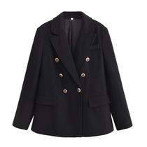 Blazer Feminino Vintage Duplo Breasted, Almofada Sólida, Gola Entalhada, Mangas Compridas, Roupa