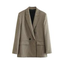 Blazer Feminino Vintage Xadrez Transpassado Com Manga Longa E Bolsos Com Aba - Elegante Casaco De