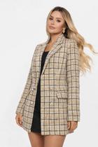 Blazer Feminino Xadrez Oversized Casaco Elegante Social Longo Tweed Inverno Cor:BegeTamanho:P Blazer Feminino Xadrez Oversized Casaco Elegante Social Longo Tweed Inverno Cor:BegeTamanho:P