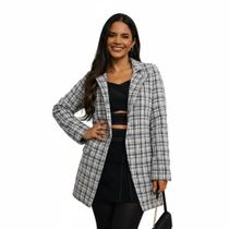 Blazer Feminino Xadrez Oversized Casaco Elegante Social Longo Tweed Inverno Cor:CinzaTamanho:M