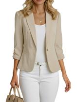 Blazer Mina Self 2026 de verão, manga 3/4, cortado, bege, feminino