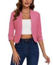 Blazer MINTLIMIT rosa cortado para mulheres com manga 3/4 franzida Blazer MINTLIMIT rosa cortado para mulheres com manga 3/4 franzida