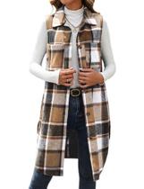 Blazer Mywinway Long Plaid para mulheres 2025 Outono Inverno Khaki XL