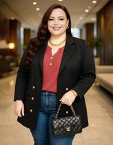 Blazer Plus Size Social Trabalho Slim Neoprene Longo Elastano Botão Dourado