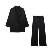 Blazer Retro Feminino Com Dupla Abotoadura E Calças De Cintura Alta Com Cadarço, Conjunto De 2 Peças